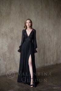 Черное вечернее платье в пол с рукавами Федерика